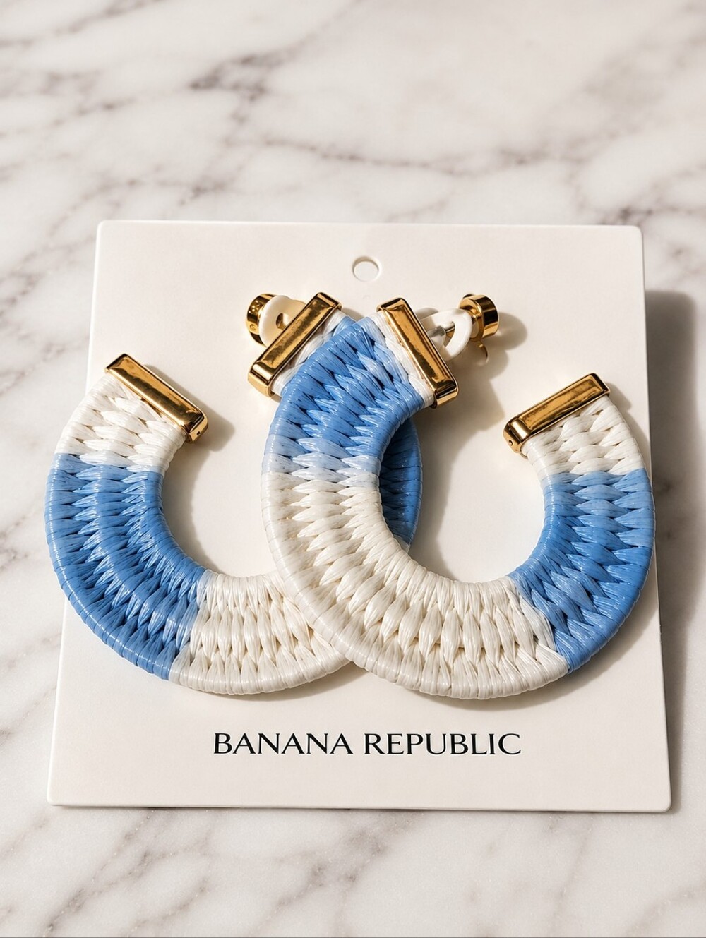 Banana Republic Blue and White Ombre Woven Seagrass Hoop Earrings - New!